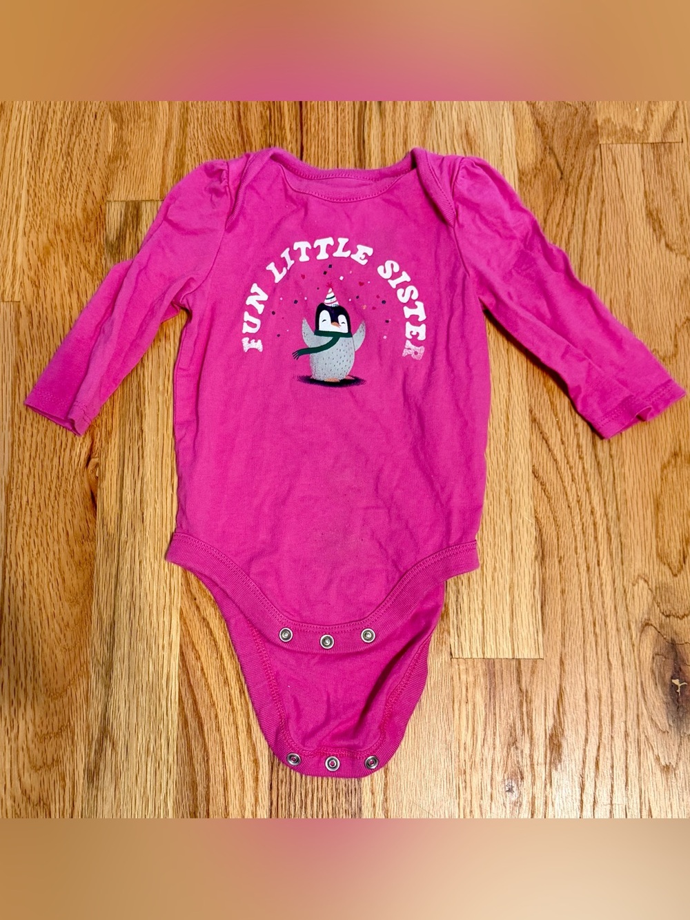 GAP Bright Pink Long-Sleeve Bodysuit with Penguin Graphic